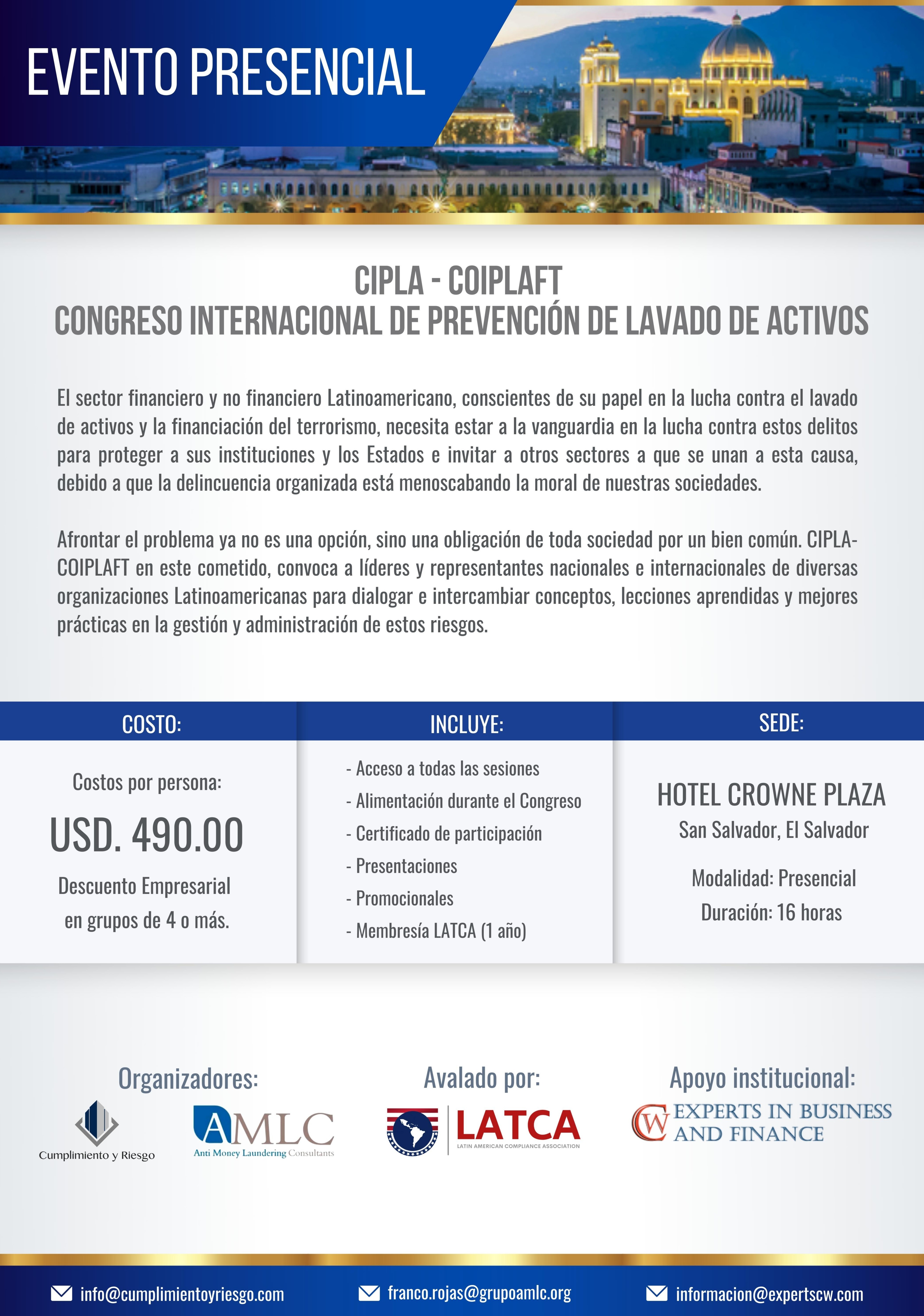 CONGRESO INTERNACIONAL CIPLA COIPLAFT 2022 PRESENCIAL, EL SALVADOR
