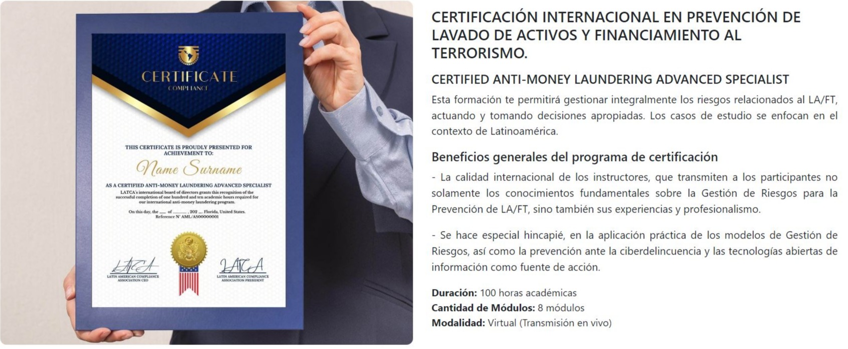 Certificación Avanzada en Prevención de Lavado de Activos LATCA